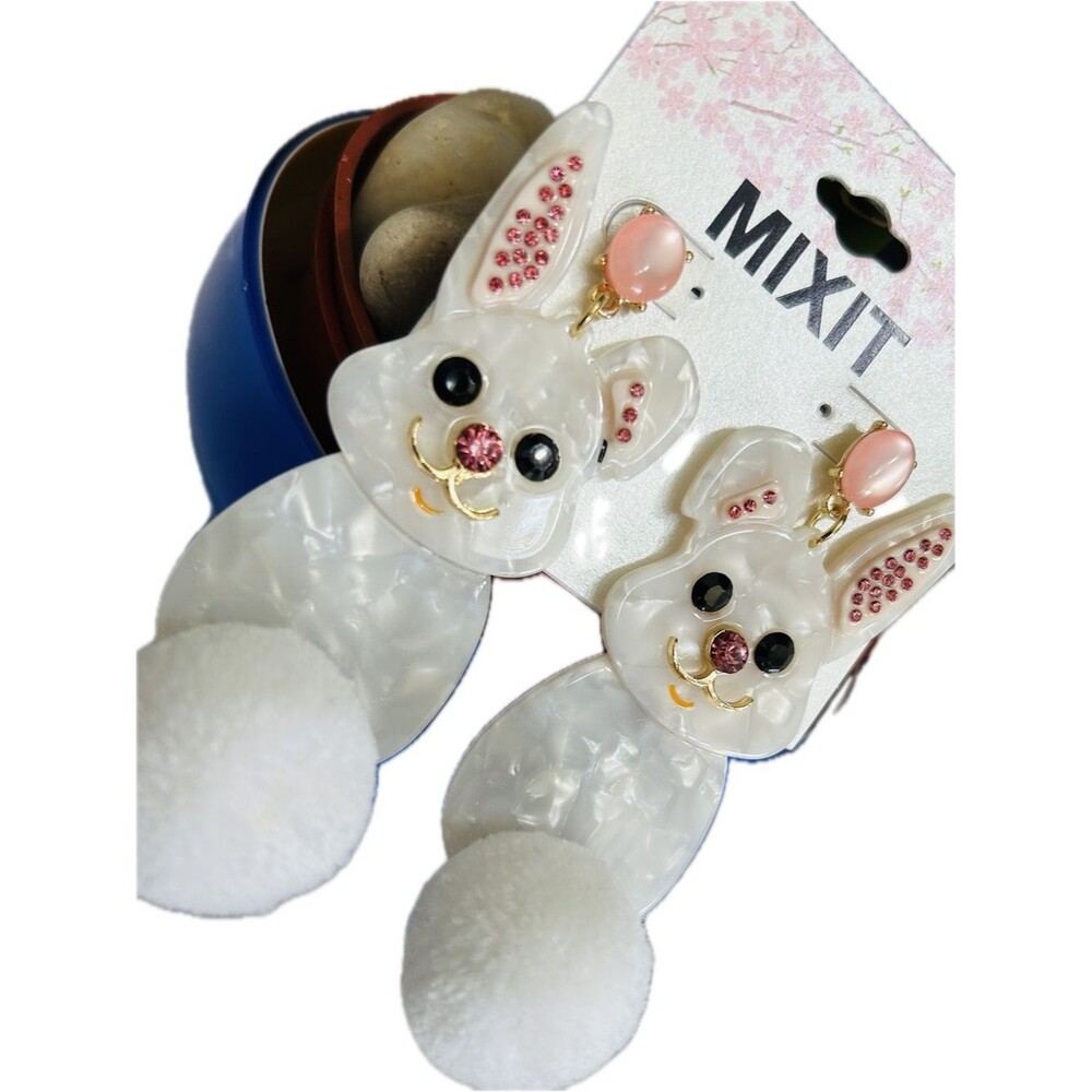 Mixit Cute Bunny Face & soft white pompom Tails Drop Dangle Fashion earrings 3"